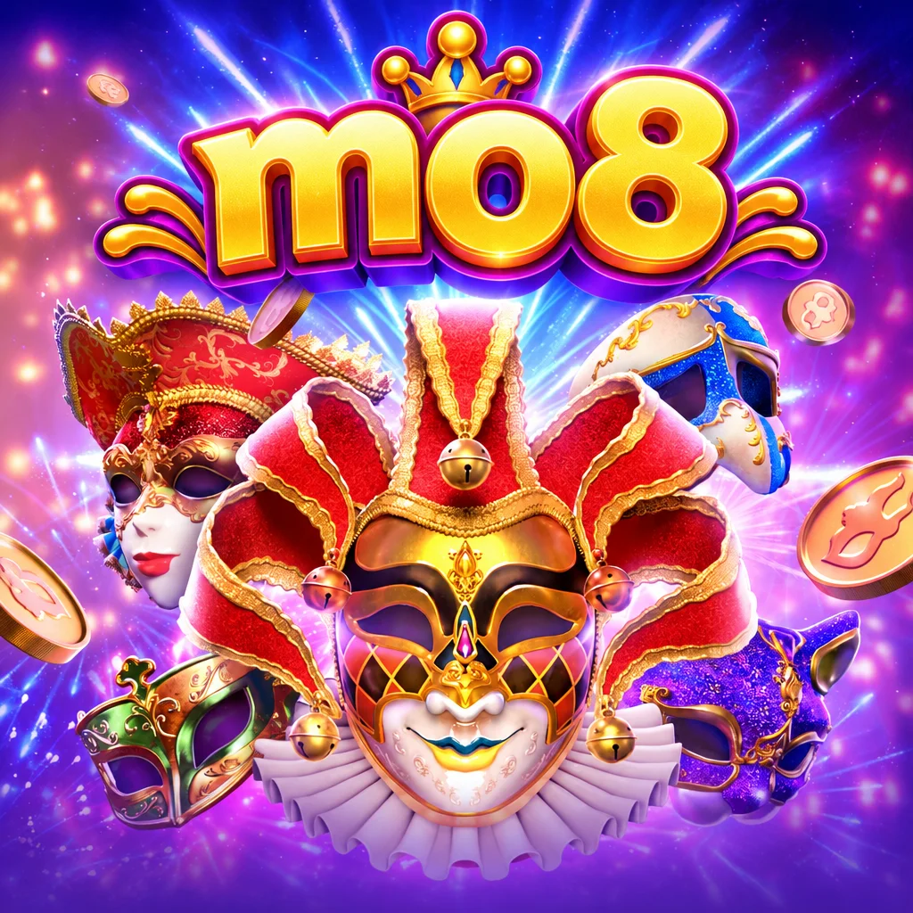 mo8 หน้ากากแฟนซีหลากสีสันและเหรียญทองในเกม Mask Carnival ท่ามกลางแสงสีม่วง