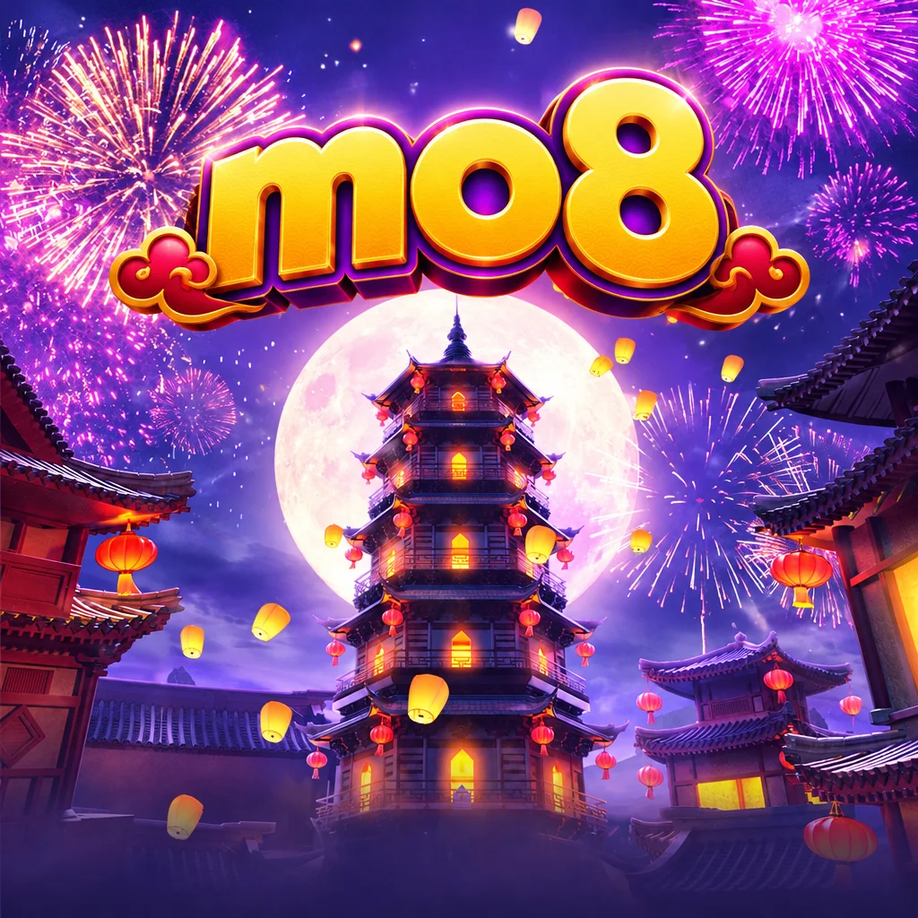 mo8 หอคอยจีนโบราณใต้แสงจันทร์เต็มดวงและพลุดอกไม้ไฟในเกม Wild Fireworks